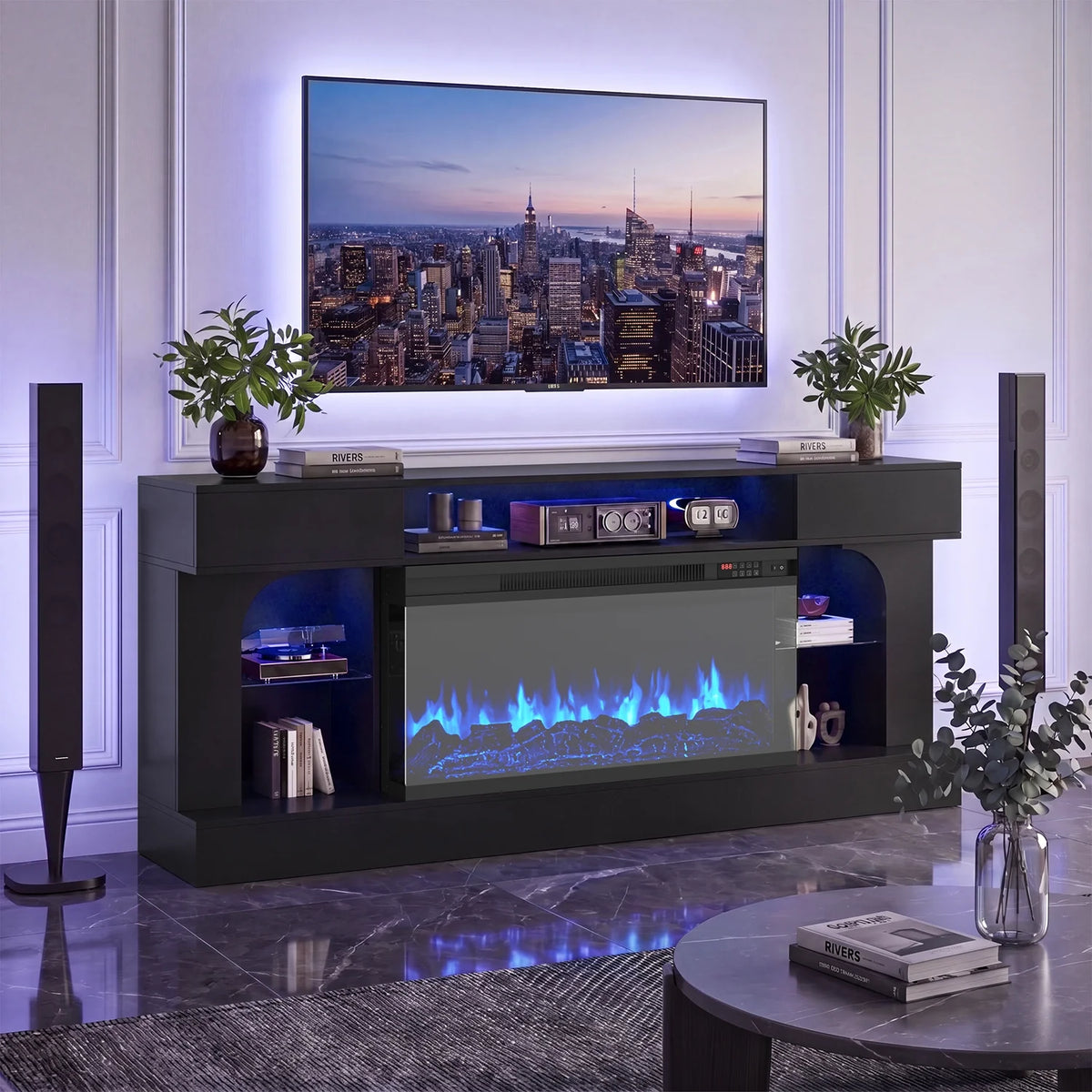 Sonegra 70 Inch Fireplace TV Stand, 3‑Sided Glass Electric Fireplace Media Console Fits Up to 80" TV, Entertainment Center with Shelves & Spacious Storage, LED Flame TV Cabinet for Living Room, Black
