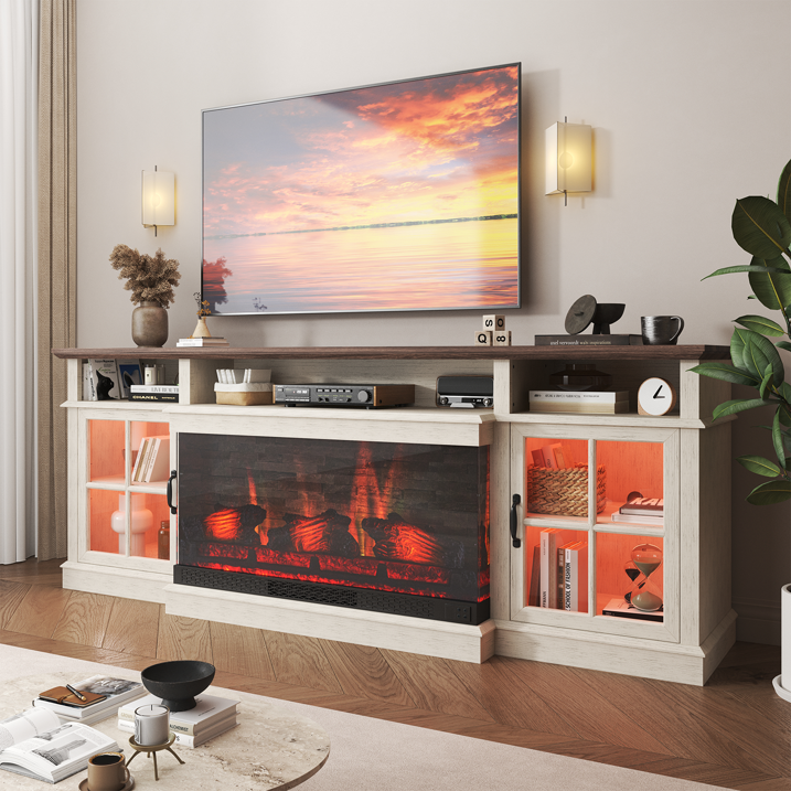 Sonegra 70 inch Fireplace TV Stand for TVs up to 80" with Electric Fireplace, Farmhouse Entertainment Center with LED Lights and Glass Door, Modern TV Consoles for Living Room, White