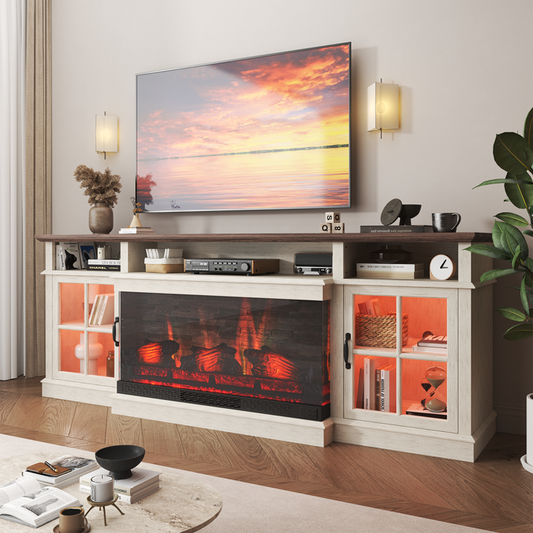 Sonegra 70 inch Fireplace TV Stand for TVs up to 80" with Electric Fireplace, Farmhouse Entertainment Center with LED Lights and Glass Door, Modern TV Consoles for Living Room, White