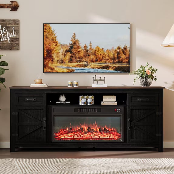 Sonegra 80" Fireplace TV Stand, Entertainment Center for TVs Up to 90”, TV Console with Storage Cabinets, Media Console for Living Room, White TV Stand and Black Fireplace, Black