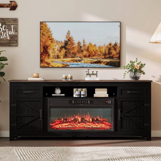 Sonegra 80" Fireplace TV Stand, Entertainment Center for TVs Up to 90”, TV Console with Storage Cabinets, Media Console for Living Room, White TV Stand and Black Fireplace, Black