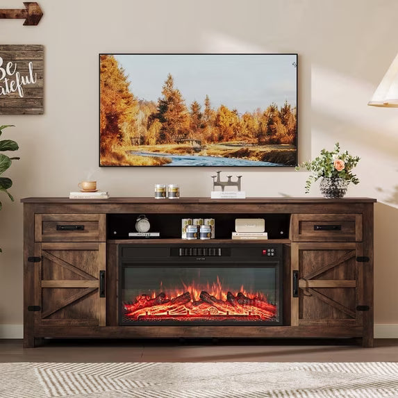 Sonegra 80" Fireplace TV Stand, Entertainment Center for TVs Up to 90”, TV Console with Storage Cabinets, Media Console for Living Room, White TV Stand and Black Fireplace, Brown
