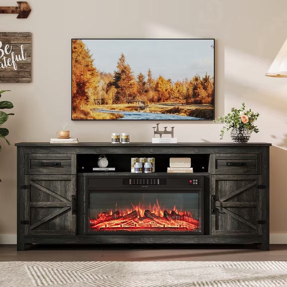 Sonegra 80" Fireplace TV Stand, Entertainment Center for TVs Up to 90”, TV Console with Storage Cabinets, Media Console for Living Room, White TV Stand and Black Fireplace, Gray