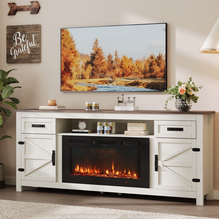 Sonegra 80" Fireplace TV Stand, Entertainment Center for TVs Up to 90”, TV Console with Storage Cabinets, Media Console for Living Room, White TV Stand and Black Fireplace, White