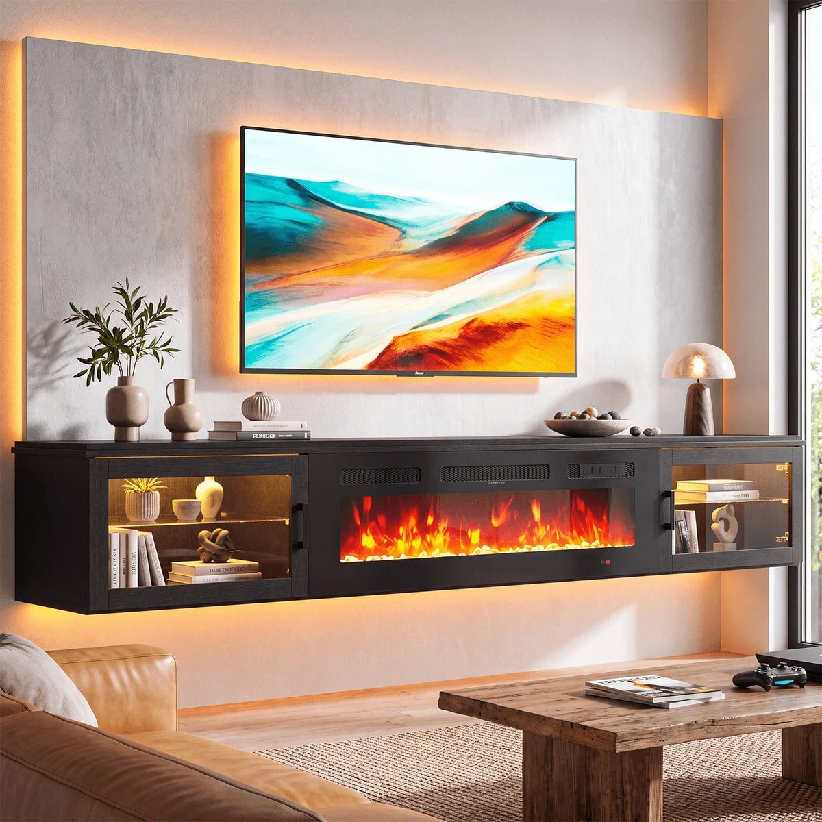 Sonegra 80" Floating TV Stand with 36" Electric Fireplace, High Gloss Finish Wall Mounted Fireplace Entertainment Center with Storage for TVs Up to 80", Black