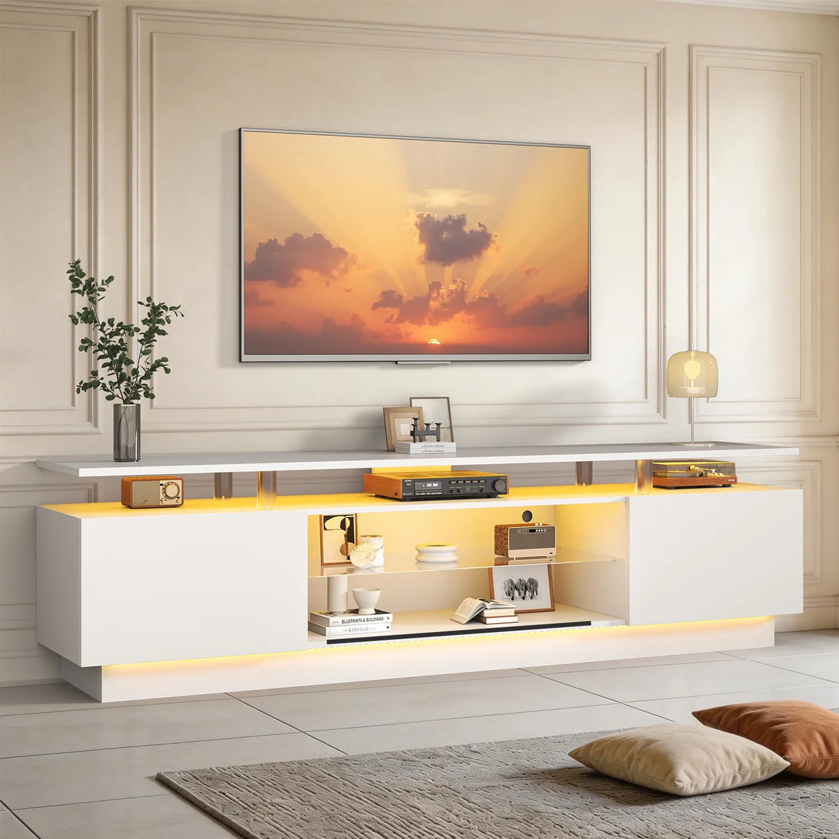 Sonegra 80" High-Gloss TV Stand with 2 Side Cabinets, Modern TV Console with LED Lights, Gaming Media Cabinet with Adjustable Glass Shelf, Remote & APP Control, Black