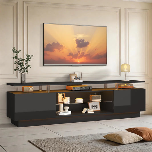 Sonegra 80" High-Gloss TV Stand with 2 Side Cabinets, Modern TV Console with LED Lights, Gaming Media Cabinet with Adjustable Glass Shelf, Remote & APP Control, Black