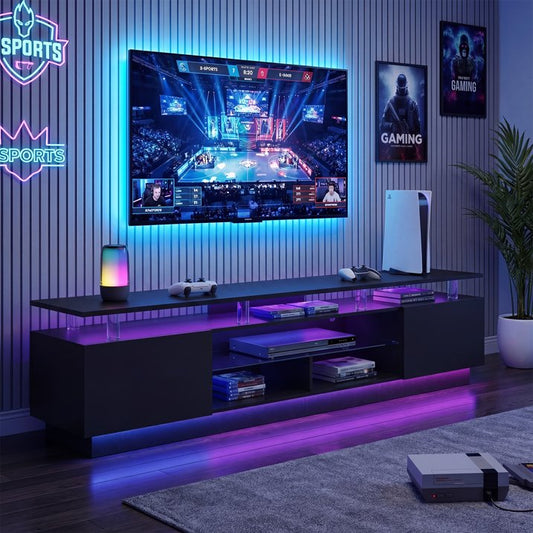 Sonegra 80” High-Glossy TV Stand with 2 Side Cabinets, Modern Stylish TV Console with 3 Layer LED Lights,Gaming TV Media Console with Adjustable Glass Shelf, Black
