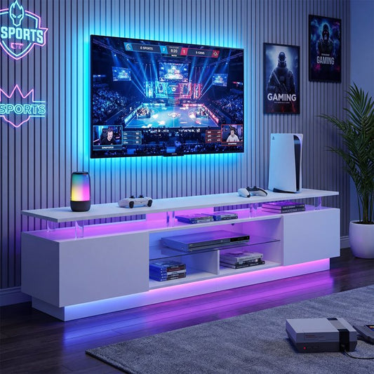 Sonegra 80” High-Glossy TV Stand with 2 Side Cabinets, Modern Stylish TV Console with 3 Layer LED Lights,Gaming TV Media Console with Adjustable Glass Shelf, White