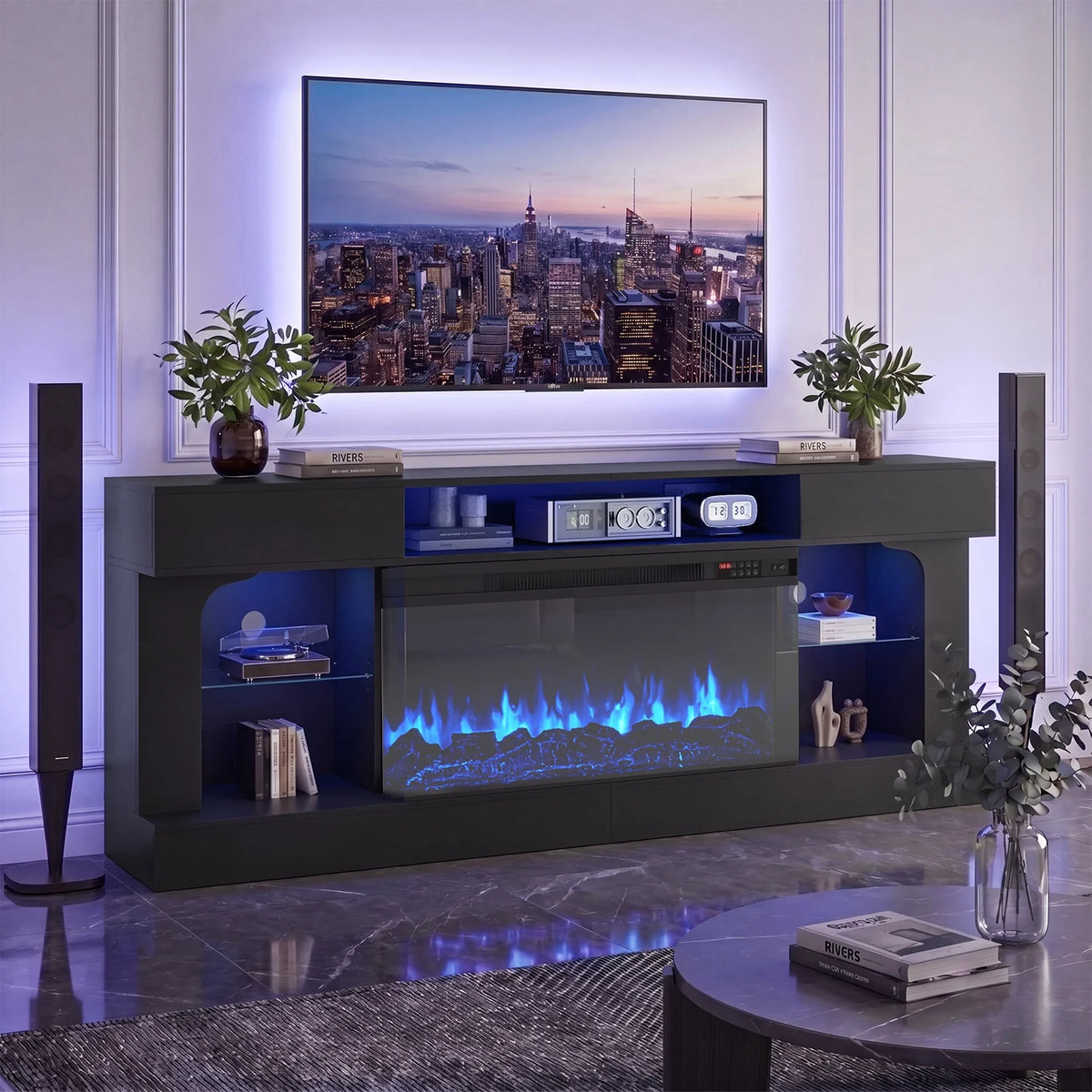 Sonegra 80 Inch Fireplace TV Stand, 3‑Sided Glass Electric Fireplace Media Console Fits Up to 90" TV, Entertainment Center with Shelves & Spacious Storage, LED Flame TV Cabinet for Living Room, Black