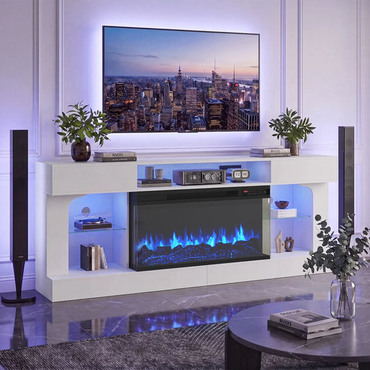 Sonegra 80 Inch Fireplace TV Stand, 3‑Sided Glass Electric Fireplace Media Console Fits Up to 90" TV, Entertainment Center with Shelves & Spacious Storage, LED Flame TV Cabinet for Living Room, White