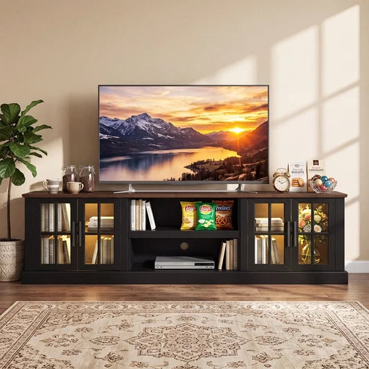Sonegra 80" TV Stand for TVs up to 90 Inch, Farmhouse Media Console with LED Lights, Glass Cabinet Doors, Open Storage Shelves, Cable Management,Black