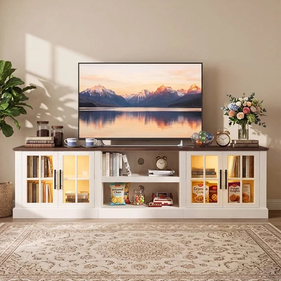 Sonegra 80" TV Stand for TVs up to 90 Inch, Farmhouse Media Console with LED Lights, Glass Cabinet Doors, Open Storage Shelves, Cable Management,White