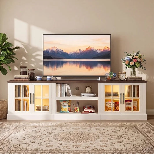 Sonegra 80" TV Stand for TVs up to 90 Inch, Farmhouse Media Console with LED Lights, Glass Cabinet Doors, Open Storage Shelves, Cable Management,White