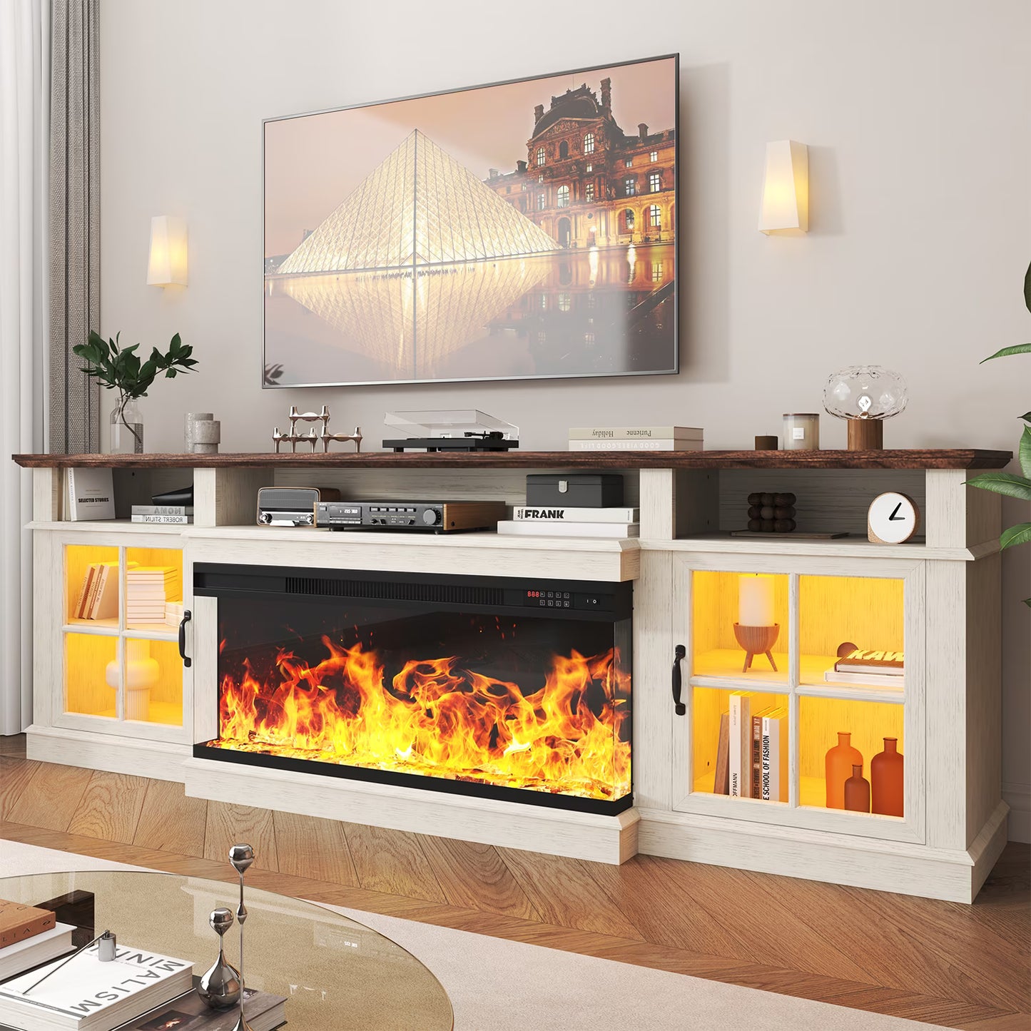 Sonegra 80 inch Fireplace TV Stand for TVs up to 90" with Electric Fireplace, Farmhouse Entertainment Center with LED Lights and Glass Door, Modern TV Consoles for Living Room, White