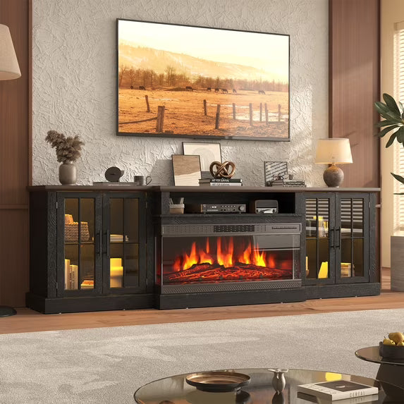 Sonegra 87" Farmhouse TV Stand with Fireplace for TVs up to 90", Media Entertainment Center with Adjustable Shelves and Large Storage Cabinets, for Living Room, Black
