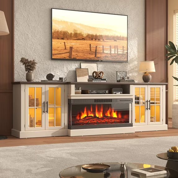 Sonegra 87" Farmhouse TV Stand with Fireplace for TVs up to 90", Media Entertainment Center with Adjustable Shelves and Large Storage Cabinets, for Living Room, White