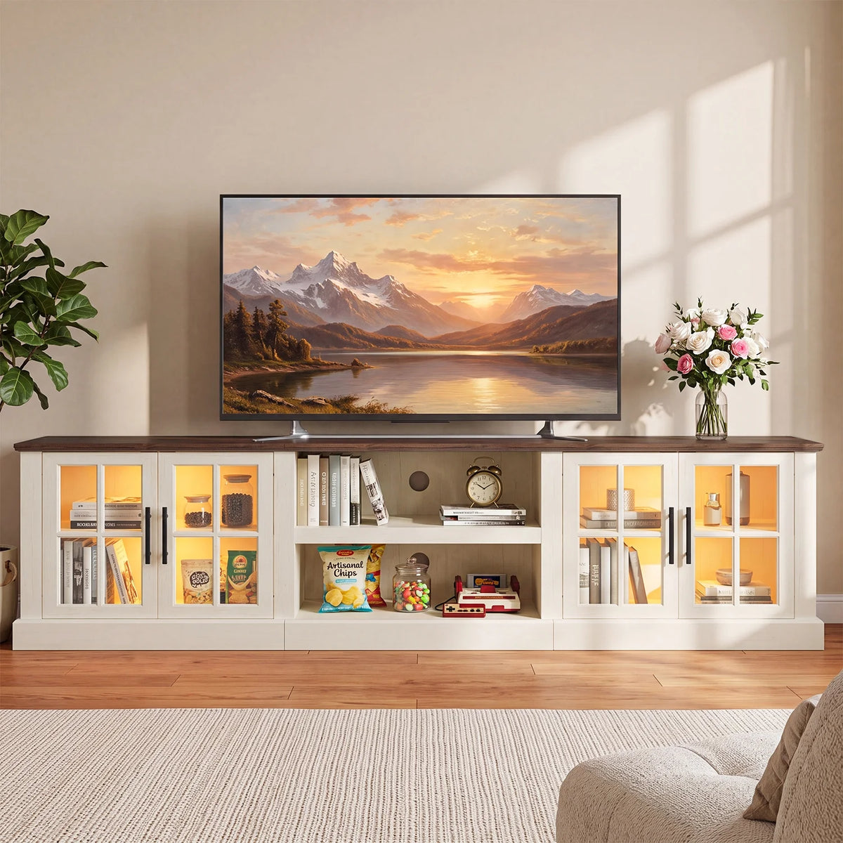 Sonegra 90" TV Stand for TVs up to 100 Inch, Farmhouse Media Console with LED Lights, Glass Cabinet Doors, Open Storage Shelves, Cable Management,White