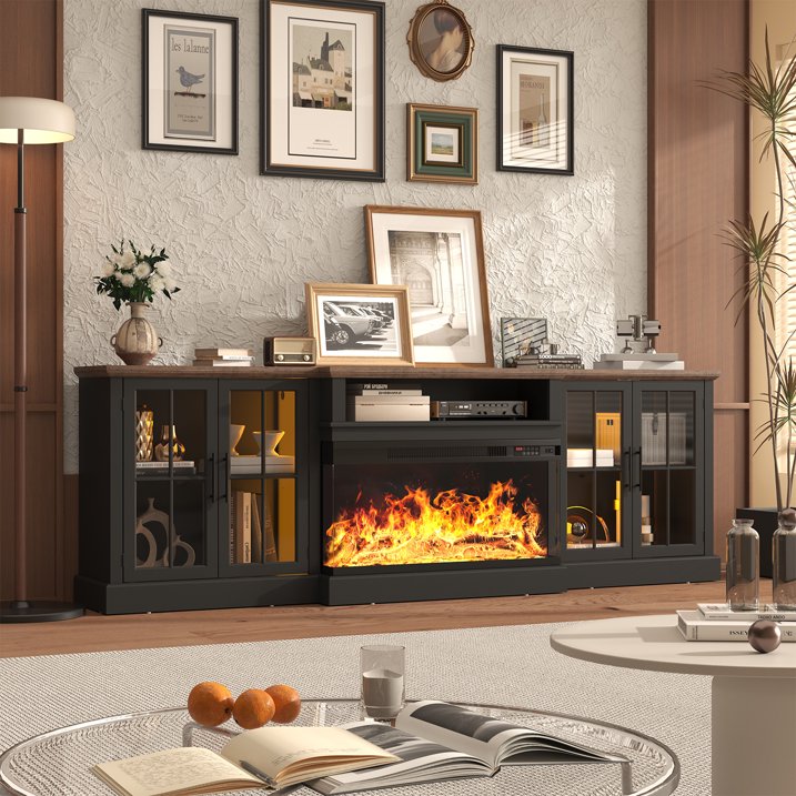 Sonegra 98" Farmhouse TV Stand with Fireplace for TVs up to 100", Media Entertainment Center with Adjustable Shelves and Large Storage Cabinets, for Living Room, Black