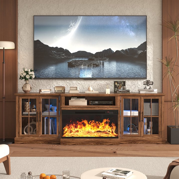 Sonegra 98" Farmhouse TV Stand with Fireplace for TVs up to 100", Media Entertainment Center with Adjustable Shelves and Large Storage Cabinets, for Living Room, Brown