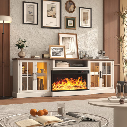 Sonegra 98" Farmhouse TV Stand with Fireplace for TVs up to 100", Media Entertainment Center with Adjustable Shelves and Large Storage Cabinets, for Living Room, White