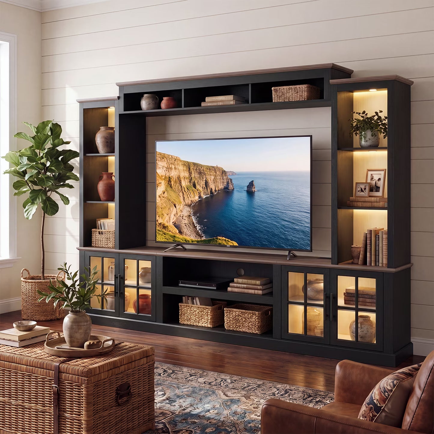 Sonegra Farmhouse TV Stand, Entertainment Center with Storage, 98" Wall Unit Media Console with Bookshelf, Cabinet & Power Outlets, Fits TVs Up to 75” for Living Room, Black