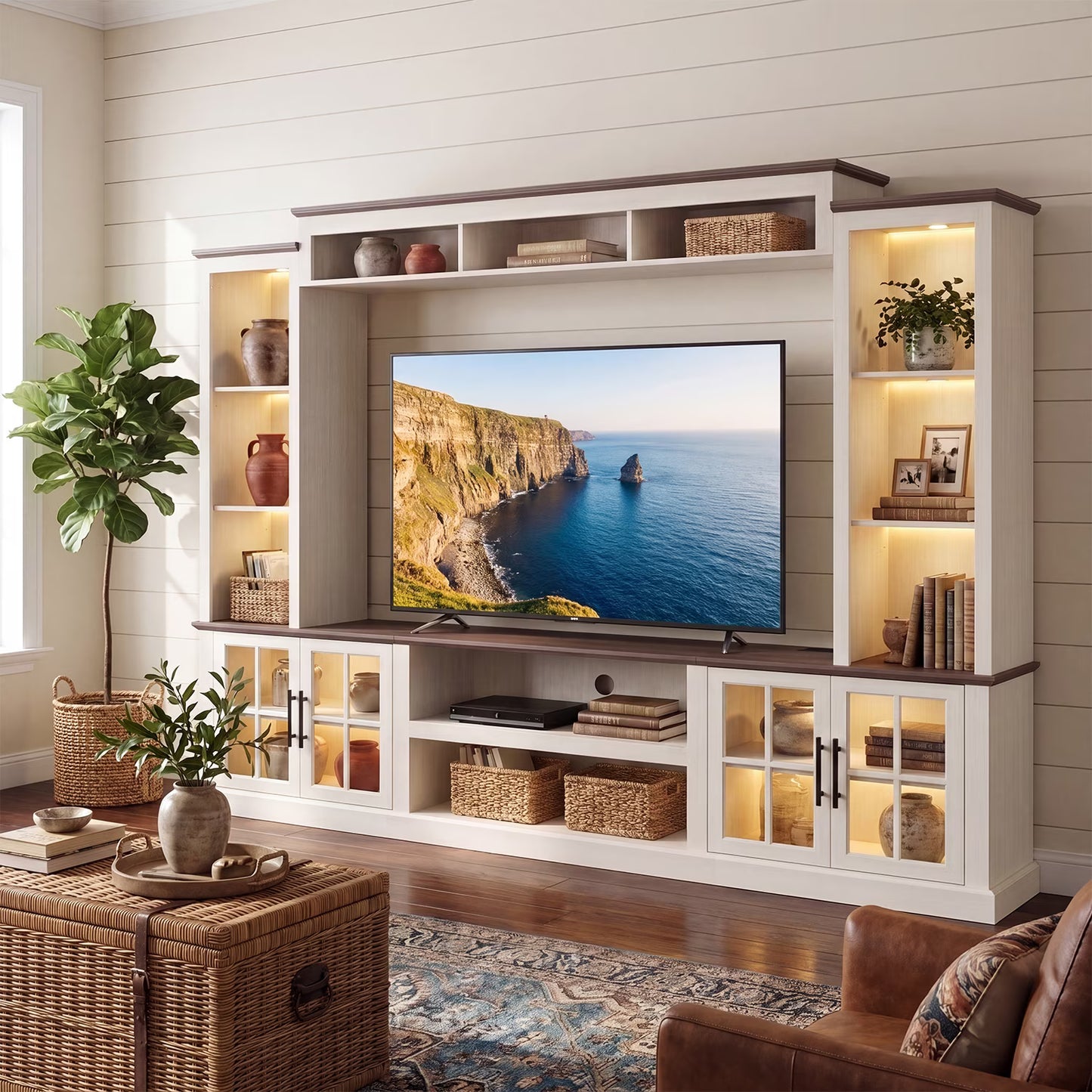 Sonegra Farmhouse TV Stand, Entertainment Center with Storage, 98" Wall Unit Media Console with Bookshelf, Cabinet & Power Outlets, Fits TVs Up to 75” for Living Room, White
