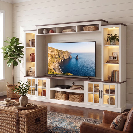 Sonegra Farmhouse TV Stand, Entertainment Center with Storage, 98" Wall Unit Media Console with Bookshelf, Cabinet & Power Outlets, Fits TVs Up to 75” for Living Room, White