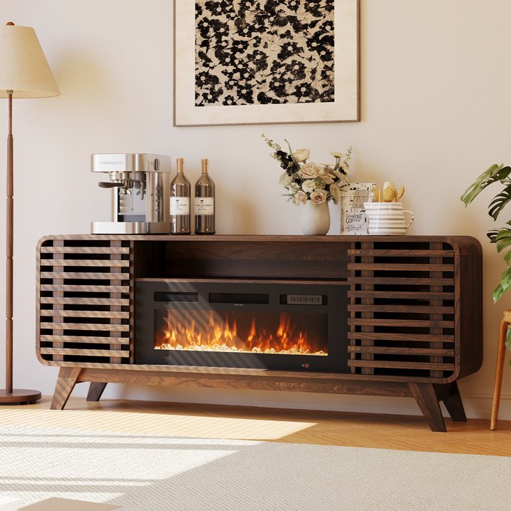 Sonegra Fireplace TV Stand with 36" Electric Fireplace, Mid Century Modern Entertainment Center with Led Lights for 80" TVs , Wood Media Console with Slatted Sliding Doors for Living Room, Brown