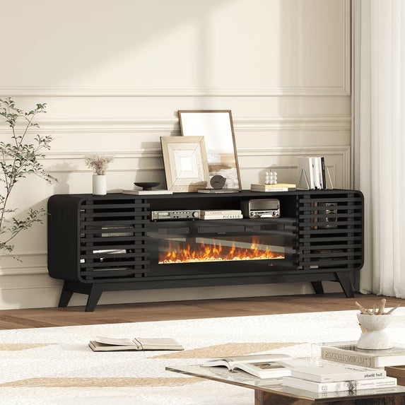 Sonegra Fireplace TV Stand with 36" Electric Fireplace, Mid Century Modern Entertainment Center with Led Lights for 80" TVs , Wood Media Console with Slatted Sliding Doors for Living Room, Black