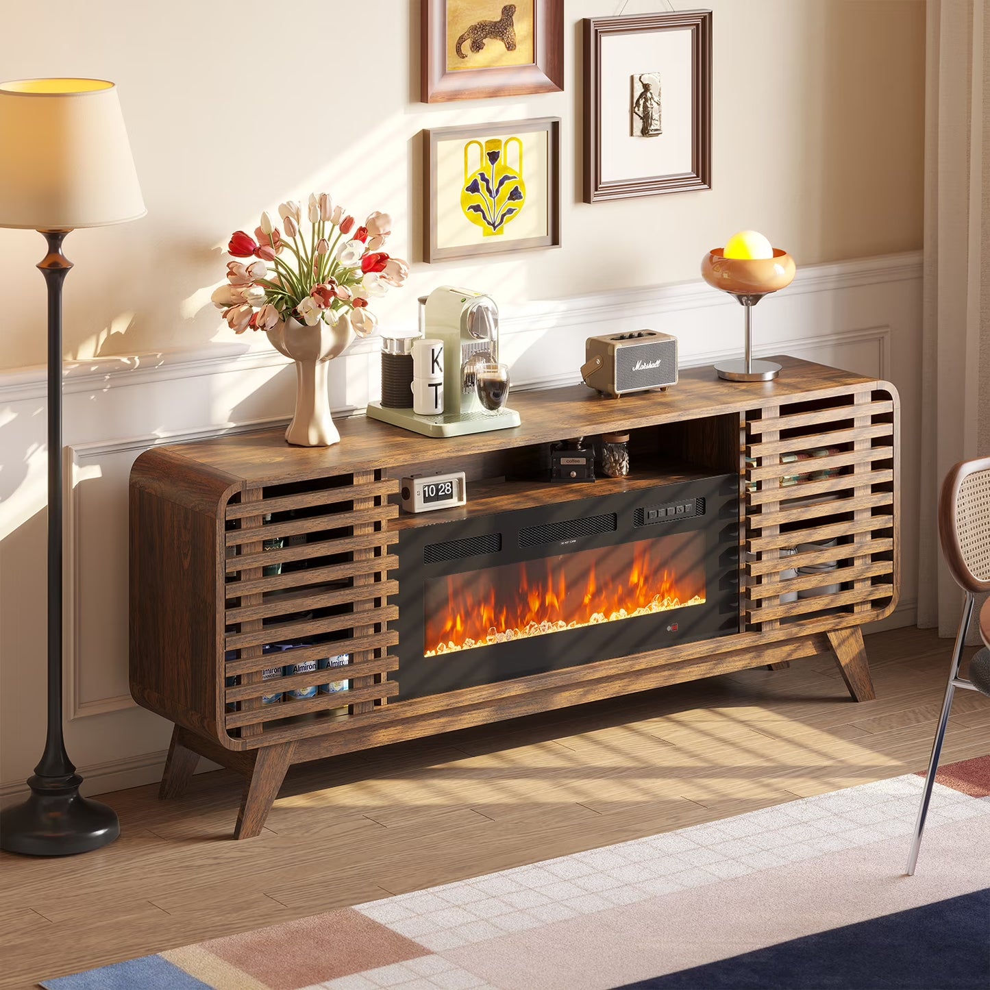 Sonegra Fireplace TV Stand with 36" Electric Fireplace, Mid Century Modern Entertainment Center with Led Lights for 80” TVs , Wood Media Console with Slatted Sliding Doors, for Living Room