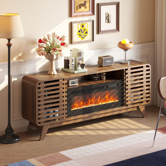 Sonegra Fireplace TV Stand with 36" Electric Fireplace, Mid Century Modern Entertainment Center with Led Lights for 80” TVs , Wood Media Console with Slatted Sliding Doors, for Living Room