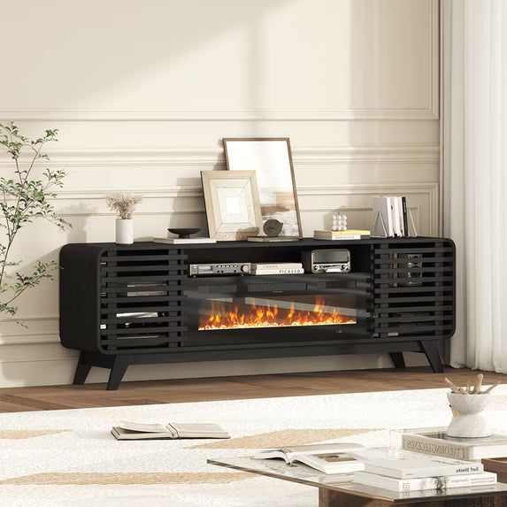 Sonegra Fireplace TV Stand with 36" Electric Fireplace, Mid Century Modern Entertainment Center with Led Lights for 80" TVs , Wood Media Console with Slatted Sliding Doors for Living Room, Black