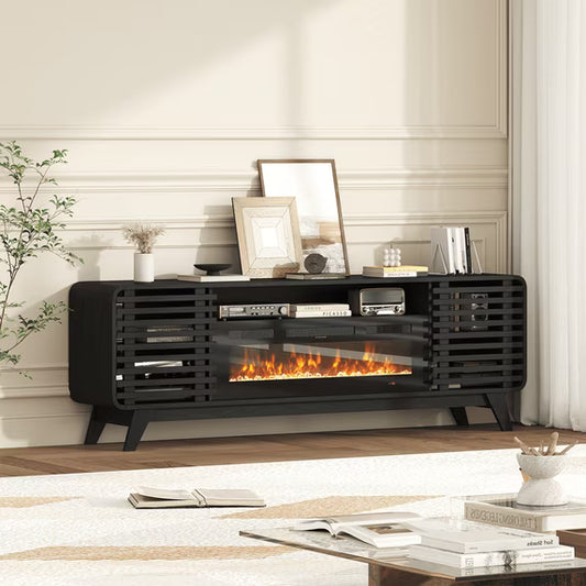 Sonegra Fireplace TV Stand with 36" Electric Fireplace, Mid Century Modern Entertainment Center with Led Lights for 80" TVs , Wood Media Console with Slatted Sliding Doors for Living Room, Black
