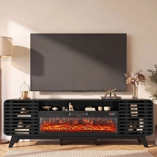 Sonegra Fireplace TV Stand with 40" Electric Fireplace, Mid Century Modern Entertainment Center with Led Lights for 90" TVs , Wood Media Console with Slatted Sliding Doors for Living Room, Black