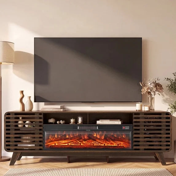 Sonegra Fireplace TV Stand with 40" Electric Fireplace, Mid Century Modern Entertainment Center with Led Lights for 90" TVs , Wood Media Console with Slatted Sliding Doors for Living Room, Brown