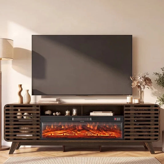Sonegra Fireplace TV Stand with 40" Electric Fireplace, Mid Century Modern Entertainment Center with Led Lights for 90" TVs , Wood Media Console with Slatted Sliding Doors for Living Room, Brown