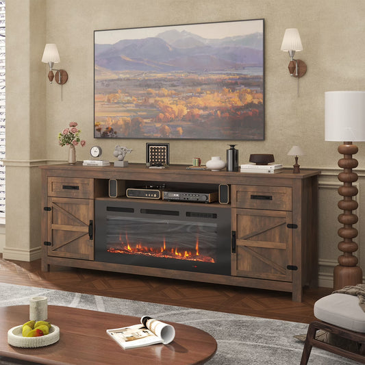 Sonegra Fireplace TV Stand with Barn Door for TVs up to 80", Farmhouse 70" Fireplace Entertainment Center, TV Console with Storage Cabinets for Living Room, Brown