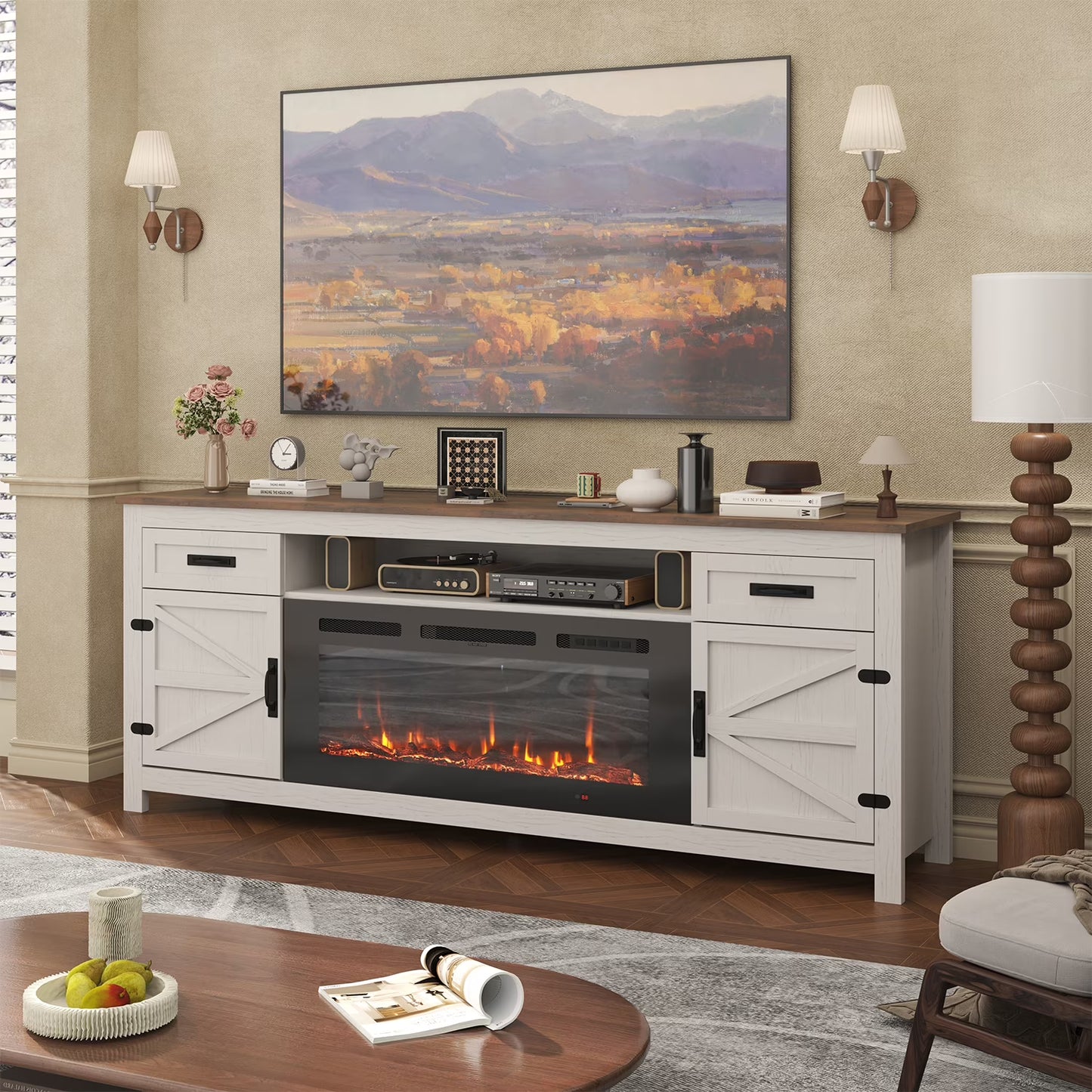 Sonegra Fireplace TV Stand with Barn Door for TVs up to 80", Farmhouse 70" Fireplace Entertainment Center, TV Console with Storage Cabinets for Living Room, White