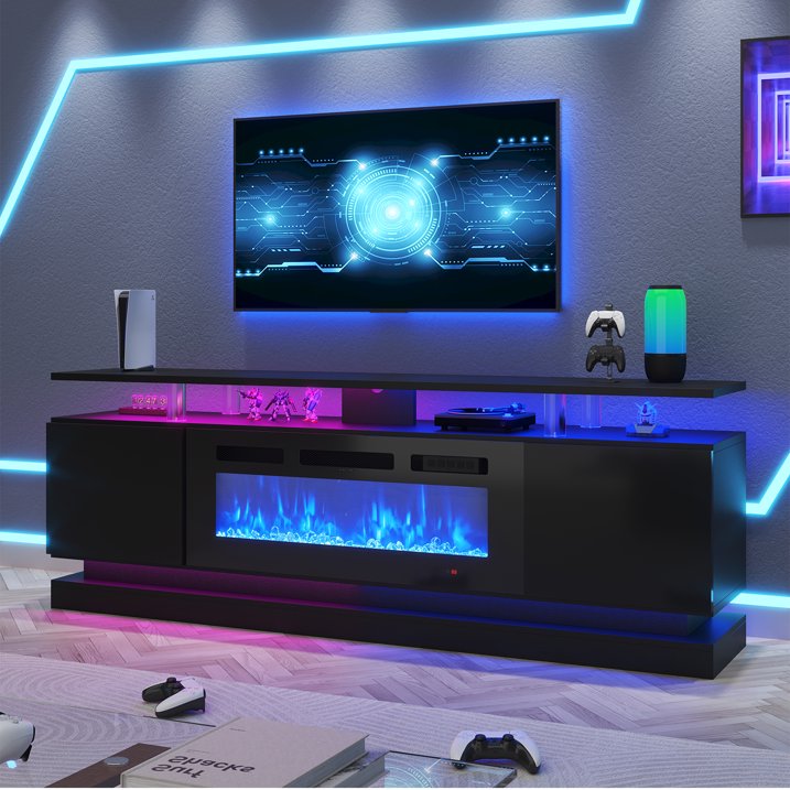Sonegra Fireplace TV Stand with Electric Fireplace up to 80", Entertainment Center with Fireplace, LED 70" Modern TV Console with Storage for Livingroom, Black