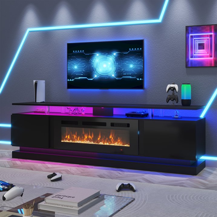 Sonegra Fireplace TV Stand with Electric Fireplace up to 90", Entertainment Center with Fireplace, LED 80" Modern TV Console with Storage for Livingroom, Black