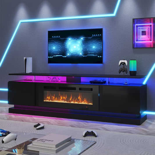 Sonegra Fireplace TV Stand with Electric Fireplace up to 90", Entertainment Center with Fireplace, LED 80" Modern TV Console with Storage for Livingroom, Black