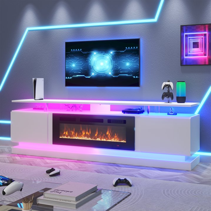 Sonegra Fireplace TV Stand with Electric Fireplace up to 90", Entertainment Center with Fireplace, LED 80" Modern TV Console with Storage for Livingroom, White