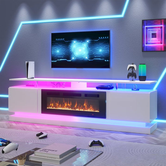 Sonegra Fireplace TV Stand with Electric Fireplace up to 90", Entertainment Center with Fireplace, LED 80" Modern TV Console with Storage for Livingroom, White