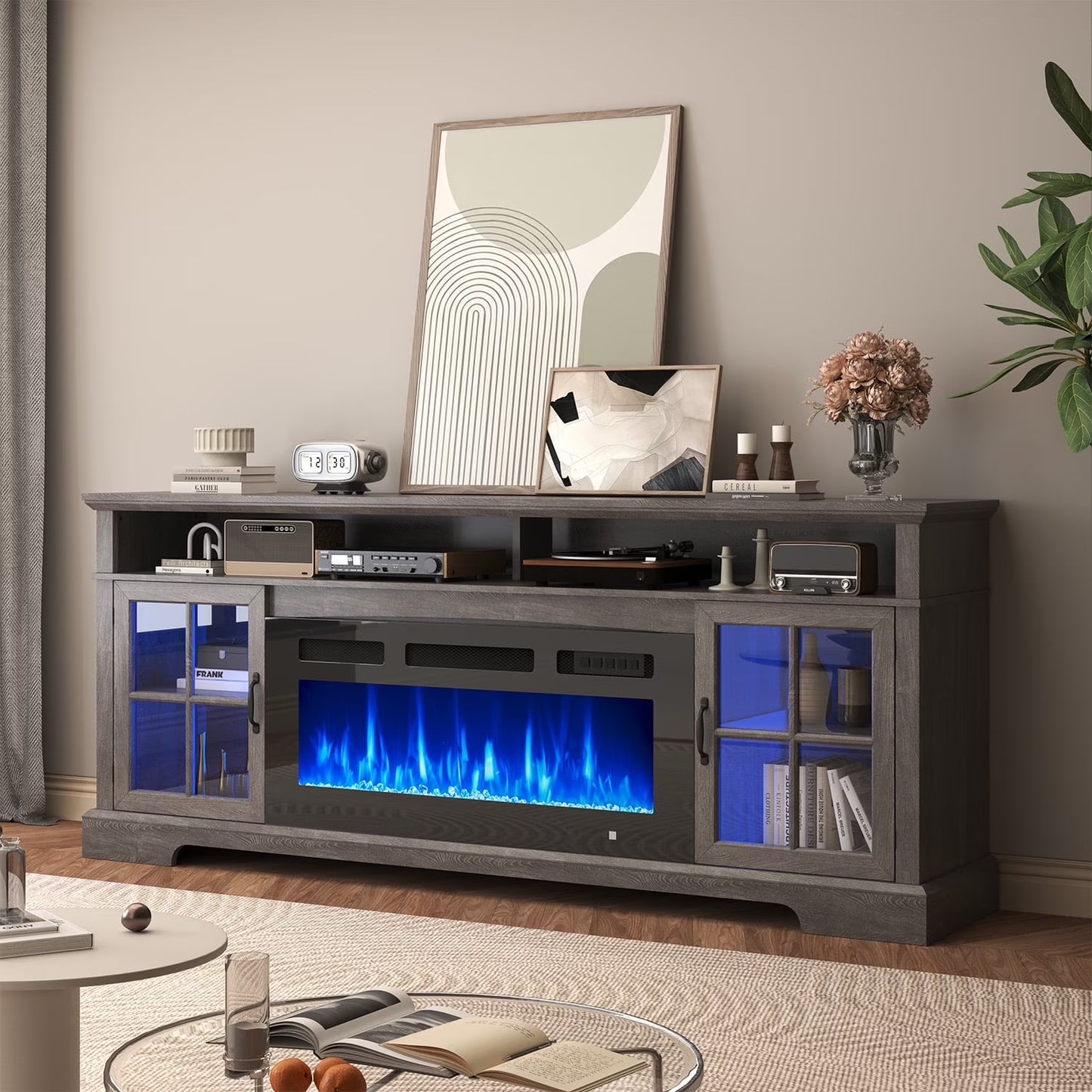 Sonegra Fireplace TV Stand, Farmhouse Entertainment Center for TVs Up to 82”, TV Console with Storage Cabinets, Media Console for Living Room, Gray