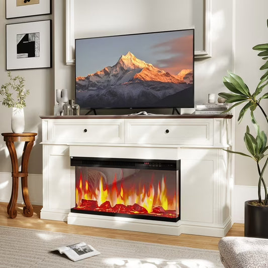Sonegra Fireplace TV Stand for TVs up to 70" with 36" Fireplace, Farmhouse Entertainment Center with Fireplace, Wooden Media Console for Living Room, White
