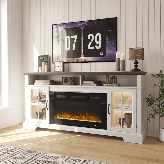 Sonegra Fireplace TV Stand with Glass Door for TVs up to 80", 70" Entertainment Center with Fireplace, Media Console for Living Room, White