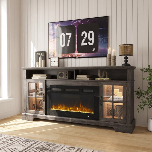 Sonegra Fireplace TV Stand with Glass Door for TVs up to 80", 70" Entertainment Center with Fireplace, Media Console for Living Room, Gray