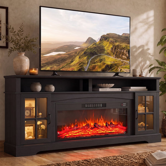 Sonegra Fireplace TV Stand with Glass Door for TVs up to 90", 80" Entertainment Center with Fireplace, Media Console for Living Room, Black