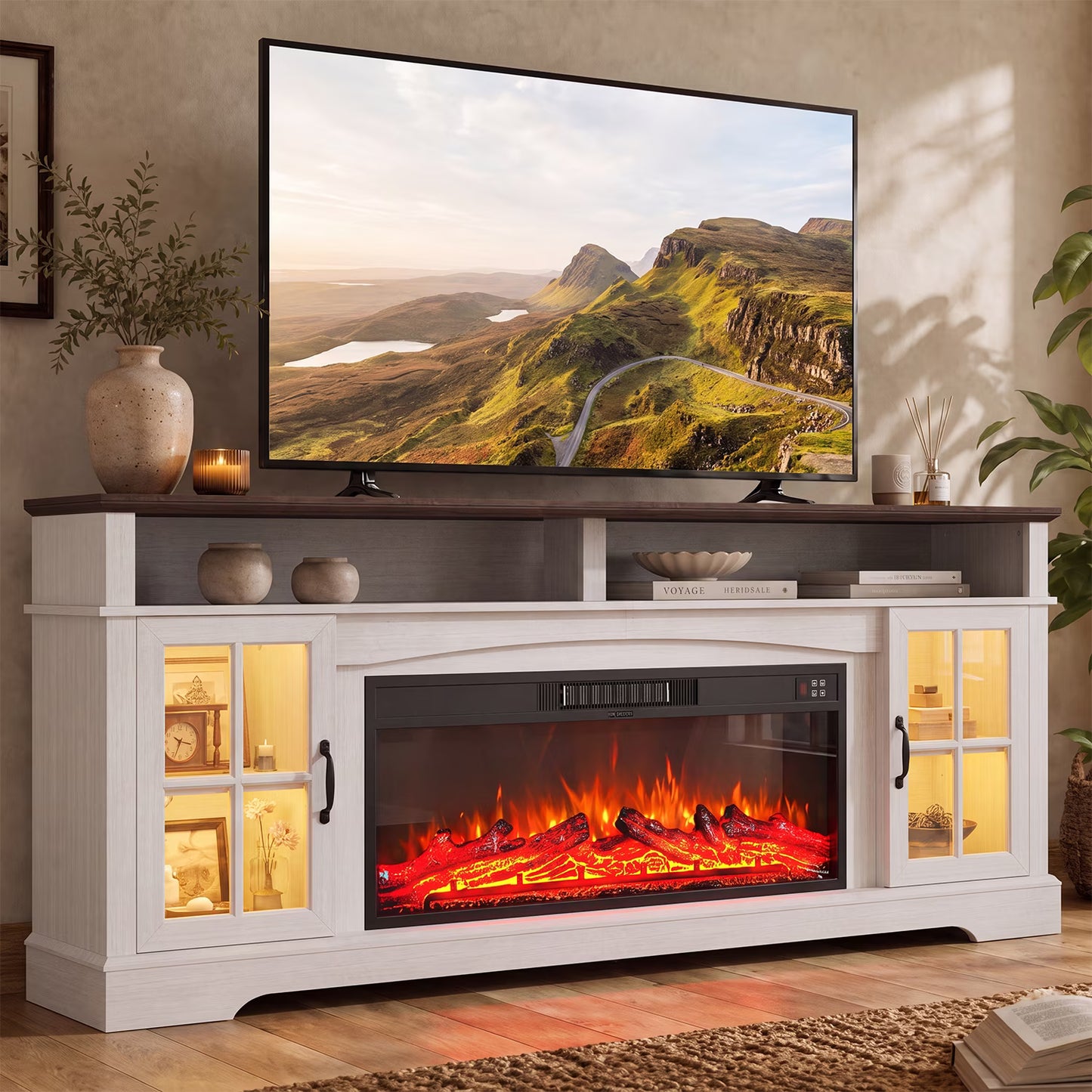 Sonegra Fireplace TV Stand with Glass Door for TVs up to 90", 80" Entertainment Center with Fireplace, Media Console for Living Room, White